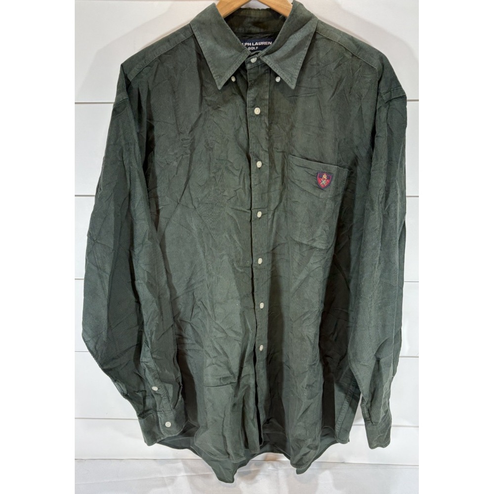 Ralph Lauren Golf Shirt Men's XL Green Corduroy Tilden Button Down Crest Pocket